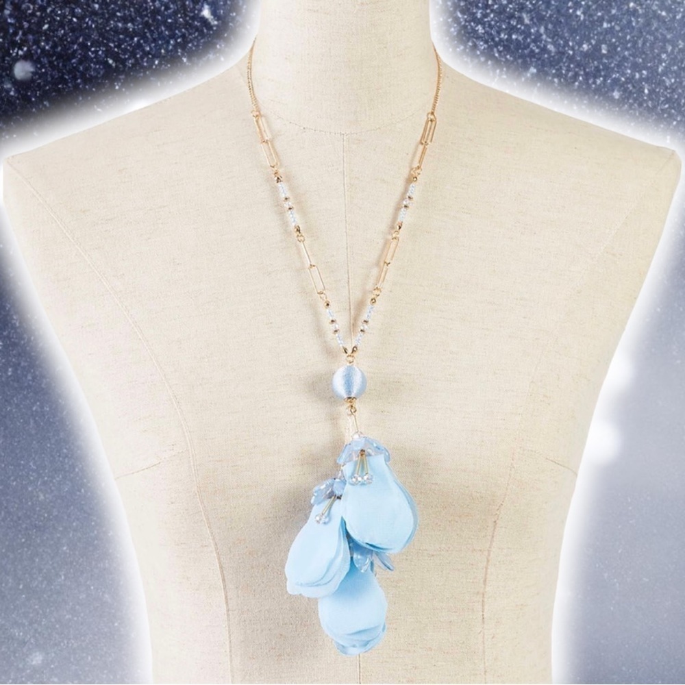 NEW Cerulean Grecian Blue Beaded Chiffon Flower Drop Statement Necklace
